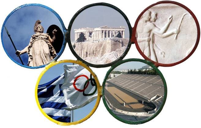 Athen im Zeichen der olympischen Ringe: In der Fotomontage sind u.a. die Schutzgöttin Athena, die Akropolis, die olympische und griechische Flagge sowie das antike Leichtathletikstadion Kallimarmaron zu sehen OS Sommer Herren Vorschau 2003, Olympische Sommerspiele 2004, Spiele, Olympia, Olympiade Gruppe Montage Athen