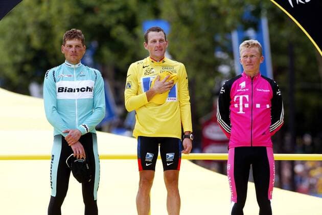 Gesamtsieger Lance Armstrong (Mitte, USA US Postal Service) im Gelben Trikot während der Siegerehrung mit dem Zweiten Jan Ullrich (li., Deutschland Bianchi) und dem Dritten Alexander Winokurow (re., Kasachstan Telekom) Radsport Herren Tour de France 2003, Straßenradsport, Rad, Straße, Saisonhighlight Gruppe Paris, 20. Etappe