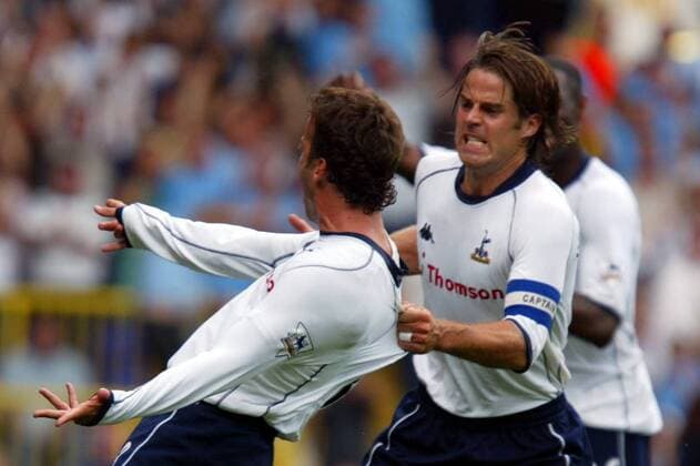Mauricio Tarricco (li.) und Jamie Redknapp (beide Spurs) - Torjubel Fußball Herren English Premier League 2003 2004, 1. Englische Liga, Tottenham Hotspurs, Hotspur Gruppe Tottemham Freude, Begeisterung,