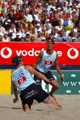 Christoph Dieckmann (li.) und Andreas Scheuerpflug (beide VC Olympia Berlin Deutschland) Beachvolleyball LM Herren Deutsche Meisterschaft 2003, Landesmeisterschaft, DM, Beach, Vdig, Gruppe Timmendorfer Strand Timmendorf