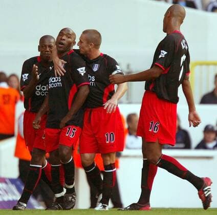Torjubel Fulham v. li.: Luis Boa Morte, Barry Hayles, Lee Clark und Zat Knight Fußball Herren English Premier League 2003 2004, 1. Englische Liga, Tottenham - FC Fulham 0:3, Vdig, Gruppe London Freude,