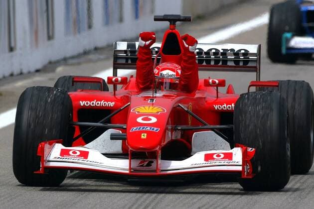 Michael Schumacher (Deutschland Ferrari) - Siegesjubel Motorsport Grand Prix Herren Großer Preis von Kanada 2002, Formel 1 Weltmeisterschaft, F1, F, GP, WM, Einzelbild Montreal Freude,