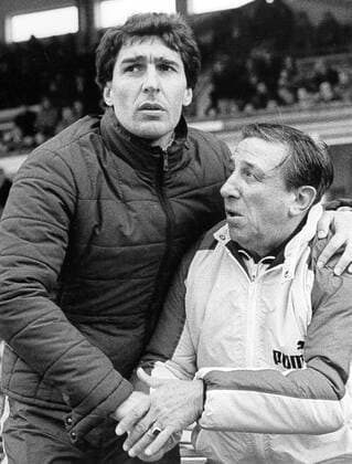 Manager Rudi Assauer (li.) und Trainer Fritz Langner (beide Bremen) Fußball 1. BL Herren Saison 1979 1980, SV Werder Bremen Gruppe Bremen