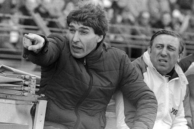 Manager Rudi Assauer (li.) und Trainer Fritz Langner (beide Bremen) auf der Trainerbank Fußball 1. BL Herren Saison 1979 1980, SV Werder Bremen Gruppe Bremen