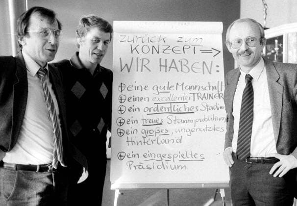 Der neue Manager Willi Lemke (re.) Präsentiert das Konzept des Erfolgs für den SV Werder Bremen, Präsident Dr. Franz Böhmert (li.) und Trainer Otto Rehhagel (alle Bremen) sind feste Größen dieses Gerüsts Fußball 1. BL Herren Saison 1981 1982, SV Werder Bremen, Erfolg, planen, Gruppe Zusammenarbeit, Zusammenhalt, Vereinsstrukturen Bremen, Innovation, innovativ Harmonie,