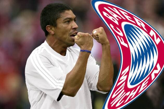 Giovane Elber (Olympique Lyon) ist vor dem Champions League Spiel heiß auf seinen ehemaligen Verein FC Bayern München und droht dem Vereinslogo mit Fäusten Fußball EC 1 Herren Vorschau Champions League 2003 2004, Olympique Lyonnais - FC Bayern München Einzelbild Lyon Spannung, Wut,