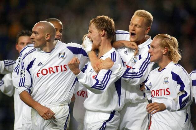 Torjubel Anderlecht v.re.: Christian Wilhelmsson, Olivier Deschacht, Hannu Tihinen und Ivica Mornar Fußball EC 1 Herren Champions League 2003 2004, RSC Anderlecht, Vdig Gruppe Brüssel Freude, Begeisterung,  