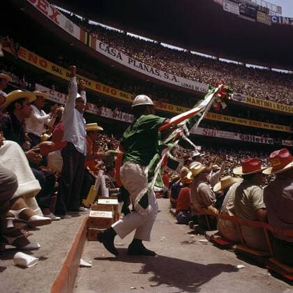 Ein mexikanischer Fan als Kondor verkleidet Fußball WM Herren DEUTSCHSPRACHIGE SPORTZEITSCHRIFTEN UND -ZEITUNGEN NUR NACH RÜCKSPRACHE, Weltmeisterschaft 1970 Totale Vogelverkleidung Mexiko-Stadt, Mexico-City, Tribüne Begeisterung, Freude,