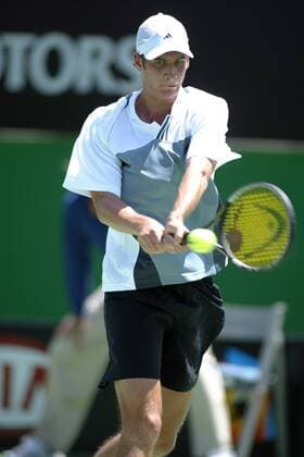 Florian Mayer (Deutschland) - beidhändige Rückhand Tennis Herren Australian Open 2004, Grand Slam, ATP-Tour, Einzelbild Melbourne Dynamik,