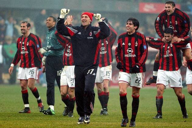 Schlussjubel Milan, vorn: Ersatztorwart Christian Abbiati (li.) und Kaka Fußball Herren Serie A 2003 2004, 1. Italienische Liga, AC Mailand Gruppe Mailand Freude, Begeisterung,