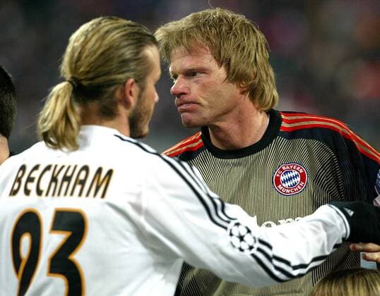 Torwart Oliver Kahn (Bayern, re.) und Beckham (Real Madrid) Fußball EC 1 Herren Champions League 2003 2004, FC Bayern München - Real Madrid 1:1, Achtelfinale, Vdig Gruppe München Spannung,