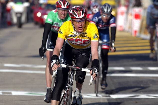 Jörg Jaksche (Deutschland CSC) im Gelben Trikot des Führenden in der Gesamtwertung Radsport Herren 71. Paris - Nizza 2004, Straßenradsport, Straße, Rad, 4. Etappe Le Puy en Velay - Rasteau, Vdig Einzelbild