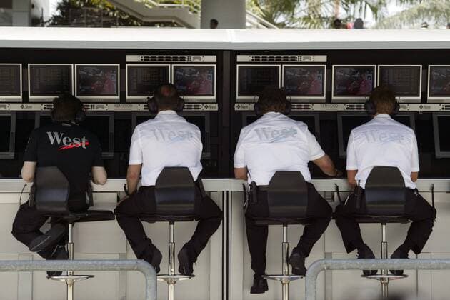 Crew von McLaren-Mercedes am Kommandostand Motorsport Grand Prix Herren Großer Preis von Malaysia 2004, Formel 1 Weltmeisterschaft, F1, F, GP, WM Gruppe Sepang Kuala Lumpur