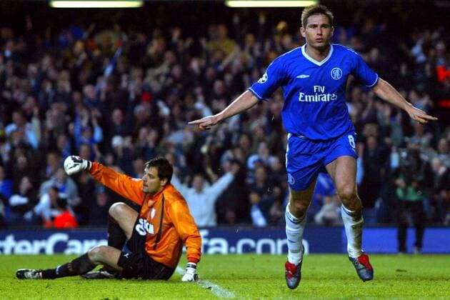 Frank Lampard (Chelsea, re.) - Torjubel; dahinter Torwart Flavio Roma (Monaco) am Boden Fußball EC 1 Herren Champions League 2003 2004, Halbfinale, Chelsea FC London - AS Monaco 2:2, Vdig Einzelbild London Freude,