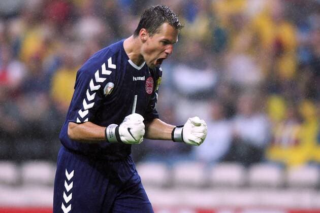 Torwart Thomas Sörensen (Dänemark) jubelt voller Innbrunst Fußball EM Herren Euro 2004, Europameisterschaft, Länderspiel, Nationalmannschaft, Nationalteam Einzelbild Porto Freude, Begeisterung,