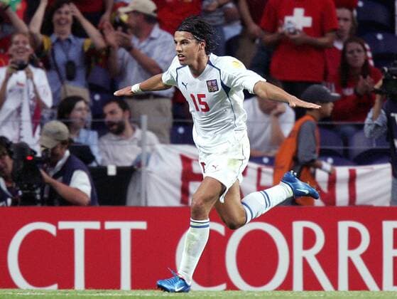 Milan Baros (Tschechien) - Torjubel Fußball EM Herren Euro 2004, Europameisterschaft, Länderspiel, Nationalmannschaft, Nationalteam, Viertelfinale, Vdig Einzelbild Porto Begeisterung, Freude,