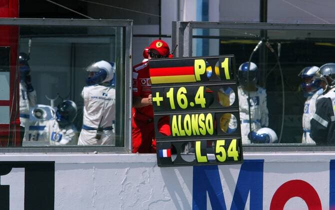 Rundentafel für Michael Schumacher (Deutschland Ferrari), der in der 54. Runde auf seinen Kontrahenten Alonso (Spanien Renault) einen Vorsprung von 16,4 Sekunden hat Motorsport Grand Prix Herren Großer Preis von Frankreich 2004, Formel 1 Weltmeisterschaft, F1, F, GP, WM Einzelbild Magny-Cours