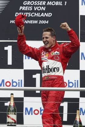 Siegerehrung beim GP von Deutschland 2004: Sieger Michael Schumacher (Deutschland Ferrari) freut sich Motorsport Grand Prix Herren Großer Preis von Deutschland 2004, Formel 1 Weltmeisterschaft, F1, F, GP, WM Einzelbild Hockenheimring Hockenheim Freude, Begeisterung,