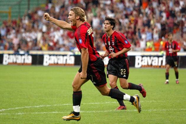 Andrej Schewtschenko (li.) - Torjubel, dahinter Kaka (beide Milan) Fußball Herren Italienischer Supercup 2004, Serie A, 1. Italienische Liga, AC Mailand, Supercoppa di Lega, Gruppe Jubel, Emotionen, Ricardo Izecson Santos Leite Mailand Glück, Begeisterung, Freude,