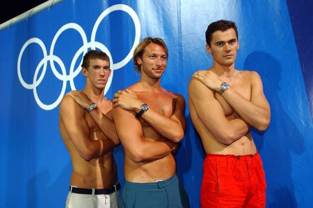 Die großen des Schwimmsports, v. re.: Alexander Popov (Rußland), Ian Thorpe (Australien) und Michael Phelps (USA) Schwimmen OS Sommer Herren Olympische Sommerspiele Athen 2004, Olympia, Olympiade, Spiele, Schwimmsport Gruppe Maroussi