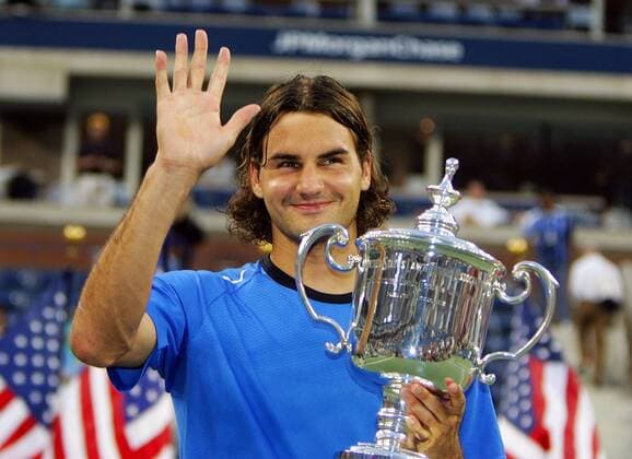 Roger Federer (Schweiz) feiert seinen ersten Turniersieg bei den US Open 2004 Tennis Herren US Open 2004, Grand Slam, ATP-Tour, Finale, Endspiel, Einzelbild Flushing Meadow, Meadows New York Freude,