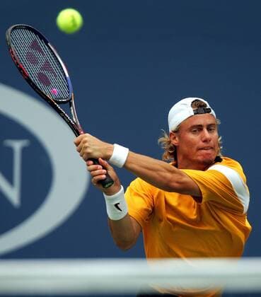 Lleyton Hewitt (Australien) - beidhändige Rückhand Tennis Herren US Open 2004, Grand Slam, ATP-Tour, Finale, Endspiel, Einzelbild Flushing Meadow, Meadows New York Dynamik,