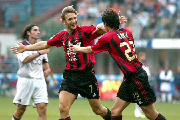 Andriy Shevchenko (li.) und Kaka (beide Milan) - Torjubel Fußball Herren Serie A 2004 2005, 1. Italienische Liga, AC Mailand - Reggina Calcio 3:1, Vdig Gruppe Mailand Freude,