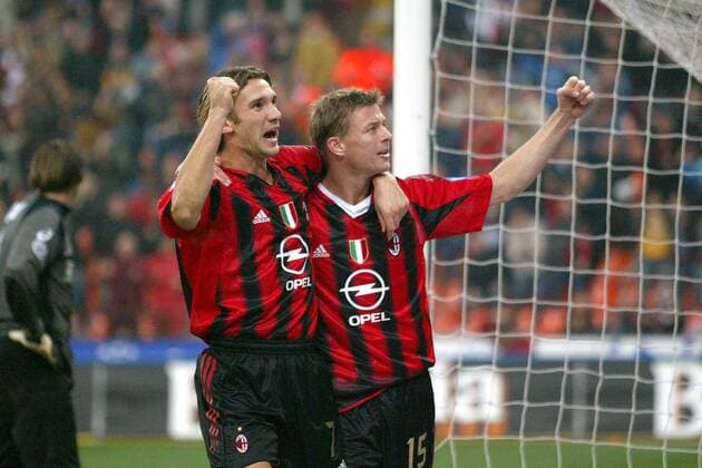 Andriy Shevchenko (li.) und Jon Dahl Tomasson (beide Milan) - Torjubel Fußball Herren Serie A 2004 2005, 1. Italienische Liga, AC Mailand, Vdig Gruppe Mailand Freude,