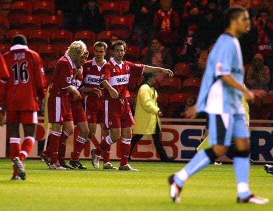 Torjubel Middlesbrough, v.li.: Andrew Davis, James Morrison, Szilard Nemeth und Mark Wilson Fußball Herren Carling Cup 2004 2005, Englischer Ligapokal, FC Middlesbrough - Coventry City FC 3:0, Vdig Gruppe Middlesbrough Freude,