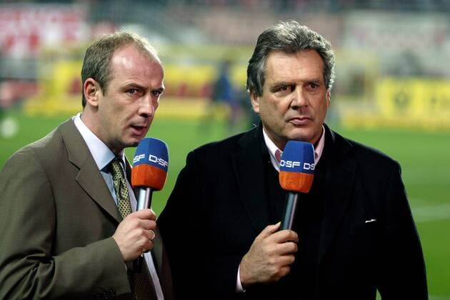 Vorstandsvorsitzender Rene C. Jäggi (Lautern, re.) und der frühere Lauterer und heutige Teamchef Mario Basler (Regensburg) im DSF Interview Fußball 1. BL Herren Saison 2004 2005, 1. FC Kaiserslautern, SSV Jahn Regensburg Gruppe Kaiserslautern