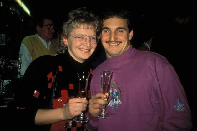 Georg Hackl (Deutschland) mit seiner Freundin Margit Datzmann Rennrodeln WM Herren Weltmeisterschaft 1991, Rodeln, Rennschlitten, Rennschlittensport, Vdia Gruppe Winterberg Freude,