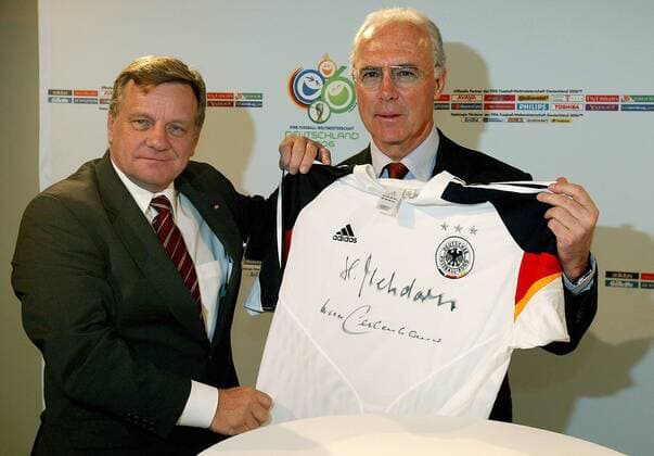 Die Deutsche Bahn wird nationaler Förderer der WM 2006 in Deutschland: Hartmut Mehdorn (Vorstandsvorsitzender Deutsche Bahn AG, li.) und OK Präsident Franz Beckenbauer (beide Deutschland) Fußball WM Herren Vorschau 2004 Weltmeisterschaft 2006, Pressetermin, Funktionär, Funktionäre, Organisationskomitee Gruppe Berlin