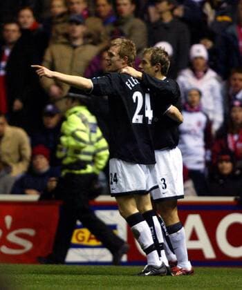 Darren Fletcher (li.) und Phil Neville (beide Manchester United) - Torjubel Fußball Herren English Premier League 2004 2005, 1. Englische Liga, Manchester United, ManU, Vdig, Gruppe Middlesbrough Freude,