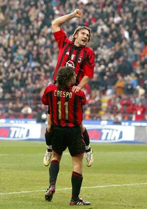 Andriy Shevchenko (oben) und Hernan Crespo (beide Milan) - Torjubel Fußball Herren Serie A 2004 2005, 1. Italienische Liga, AC Mailand Gruppe Mailand Freude,