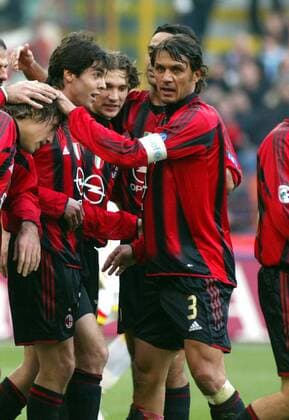 Torjubel Milan v.re.: Paolo Maldini, Andriy Shevchenko und Kaka Fußball Herren Serie A 2004 2005, 1. Italienische Liga, AC Mailand Gruppe Mailand Freude,