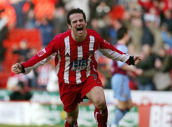 Andrew Liddell (Sheffield United) - Torjubel Fußball Herren FA Cup 2004 2005, Pokal, Pokalspiel, Sheffield United, Football League Championship, Vdig Einzelbild Sheffield Freude, Begeisterung,