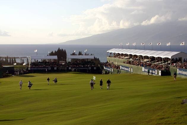 Übersicht über die Tribünen des Kapalua Plantation Course aus das offene Meer - PUBLICATION ONLY FOR GERMAN, SWISS, AUSTRIAN AND HUNGARIAN MEDIA (Icon7740011) Golf Herren Mercedes Championships 2005, Golfen, PGA Tour Totale Kapalua Plantation Course Kapalua, Maui, Hawaii EDITORIAL USE ONLY