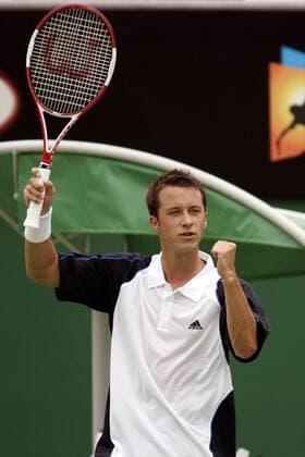 Philipp Kohlschreiber (Deutschland) - Jubel Tennis Herren Australian Open 2005, Grand Slam, ATP Tour, Hartplatz, Hardcourt, Hartplatztennis, Hartplatzturnier Einzelbild Melbourne Freude,