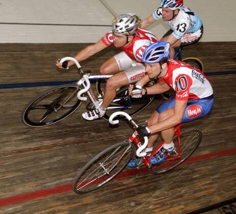 Franz Stocher (li.) und Werner Riebenbauer (beide Österreich) - Wechsel Radsport Herren 22. Stuttgarter Sechstagerennen 2005, Sechstage, sechs Tage, Sixdays, six days, Rad, Bahnrad, Halle Gruppe Stuttgart
