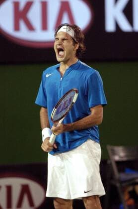 Roger Federer (Schweiz) wütend Tennis Herren Australian Open 2005, Grand Slam, ATP Tour, Hartplatz, Hardcourt, Hartplatztennis, Hartplatzturnier Einzelbild Melbourne Wut,