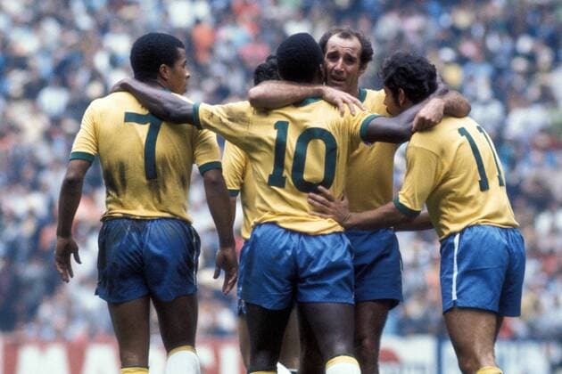 Torjubel Brasilien v.li.: Jairzinho, Pele, Gerson, Roberto Rivelino Fußball WM Herren Weltmeisterschaft 1970, Nationalmannschaft, Nationalteam, Nationaltrikot, Finale, Endspiel Gruppe Länderspiel Mexiko City Begeisterung, Freude,