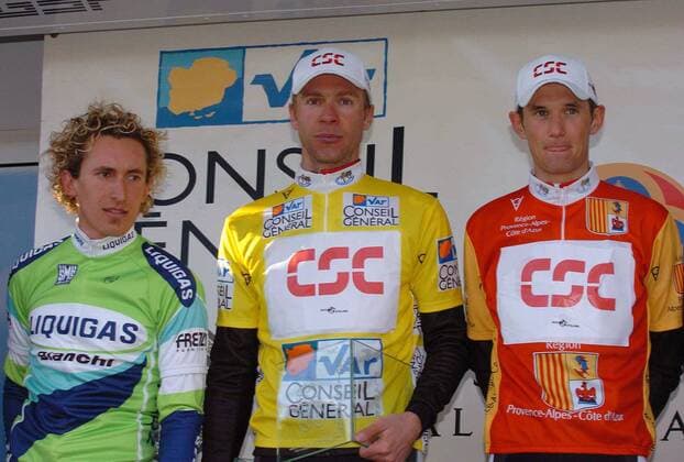 Siegerehrung 31. Mittelmeerrundfahrt 2005 - Gesamtsieger Jens Voigt (Deutschland CSC, Mitte) zwischen Franco Pellizotti (Italien Liquigas Bianchi, li.) und Fränk Schleck (Luxemburg CSC) -  Radsport Herren 31. Mittelmeerrundfahrt 2005, Tour Mediterraneen, Straßenradsport, Straße, Rad Gruppe