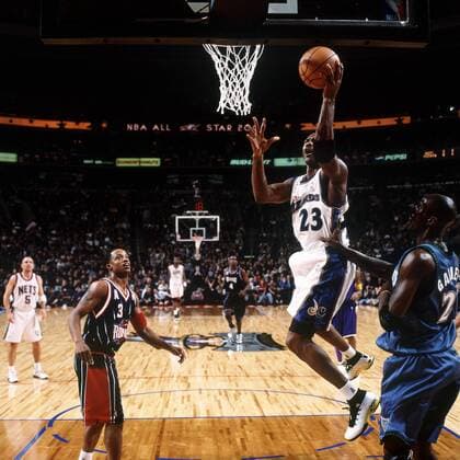 Michael Jordan (Washington Wizards, 2. v. re.) - Korbleger - (Icon6980410) Basketball Herren NBA All Star Day 2002, Allstar, All Star Game, Allstars, Allstarteam, Gruppe Philadelphia Dynamik, EDITORIAL USE ONLY