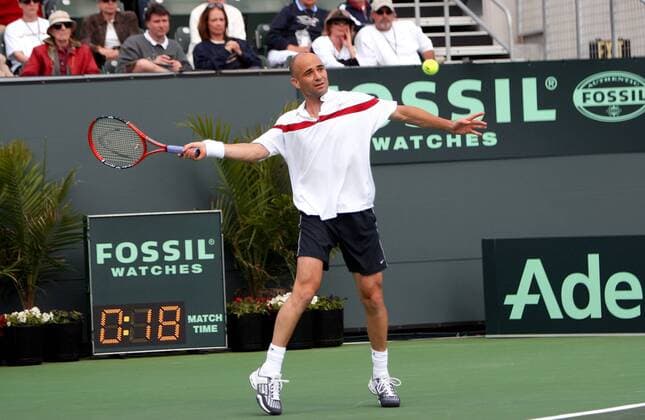 Andre Agassi (USA) - Vorhand - (Icon 7404261) Tennis Herren Daviscup 2005, Davis Cup, Hartplatz, Hardcourt, Hartplatztennis, Hartplatzturnier, Einzelbild Los Angeles, LA, L. A. Dynamik, EDITORIAL USE ONLY