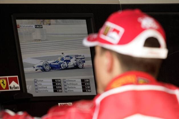 Michael Schumacher (Ferrari) beobachtet Nick Heidfeld (beide Deutschland BMW Williams) während des Qualifyings auf einem Bildschirm Motorsport Grand Prix Herren Großer Preis von Bahrain 2005, Formel 1 Weltmeisterschaft, F1, F, GP, WM, Qualifying, Vdig Einzelbild Bahrain International Circuit Manama, Sakhir