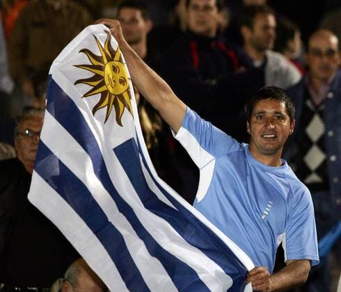 Fan aus Uruguay mit seiner Nationalfahne Fußball Länderspiel Herren Weltmeisterschaftsqualifikation 2005, Qualifikation, Länderspiel, Nationalmannschaft, Nationalteam Einzelbild Montevideo