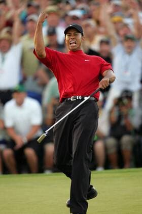 Eldrick Tiger Woods (USA) schreit seine Freude heraus - (Icon5937491) Golf Herren Masters 2005, PGA Tour, Golfen Einzelbild Augusta Freude, Begeisterung, EDITORIAL USE ONLY