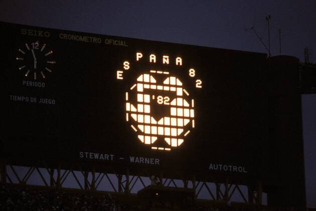 Espana 82 - die Anzeigetafel weist darauf hin, dass die nächste Fußball-WM 1982 in Spanien stattfindet Fußball WM Herren Weltmeisterschaft 1978, Nationalmannschaft, Nationalteam, Länderspiel, Endspiel, Einzelbild River Plate Stadion, Estadio Monumental Buenos Aires