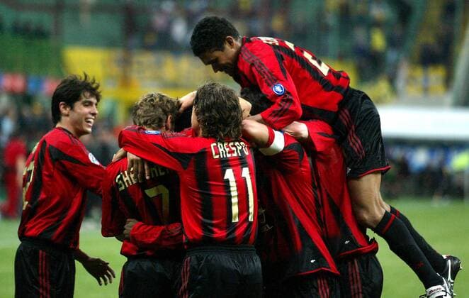 Torjubel Milan - u.a. Kaka (li.) Fußball Herren Serie A 2004 2005, 1. Italienische Liga, AC Mailand Gruppe Mailand Freude,