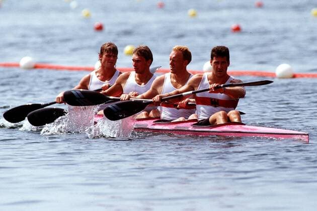 Viererkajak Deutschland, mit Mario von Appen, Oliver Kegel, Thomas Reineck und Andre Wohllebe Kanu OS Sommer Herren Olympische Sommerspiele Barcelona 1992, Olympia, Olympiade, Spiele, Kanusport, Kajak, Viererkajak Gruppe Barcelona Dynamik,